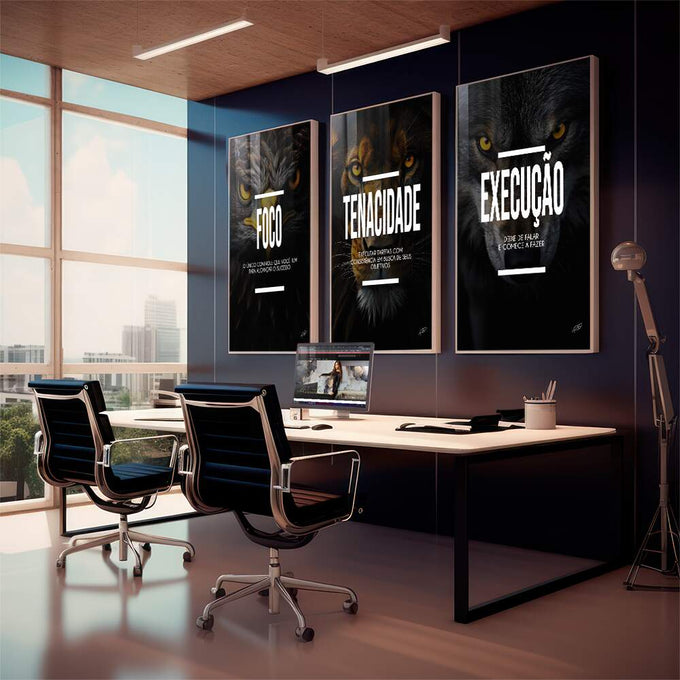 Quadro Decorativo Motivacional Trio: Foco, Execução e Tenacidade - Arte Inspiradora para Sua Casa - quadros decorativos 1 Tela Vertical, 3 Telas - em sala moderna