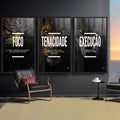Quadro Decorativo Motivacional Trio: Foco, Execução e Tenacidade - Arte Inspiradora para Sua Casa - quadros decorativos para sala 1 Tela Vertical, 3 Telas - em ambiente decorado