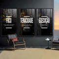 Trio com águia, leão e lobo em fundo preto e frases Foco, Tenacidade e Execução, quadro decorativo