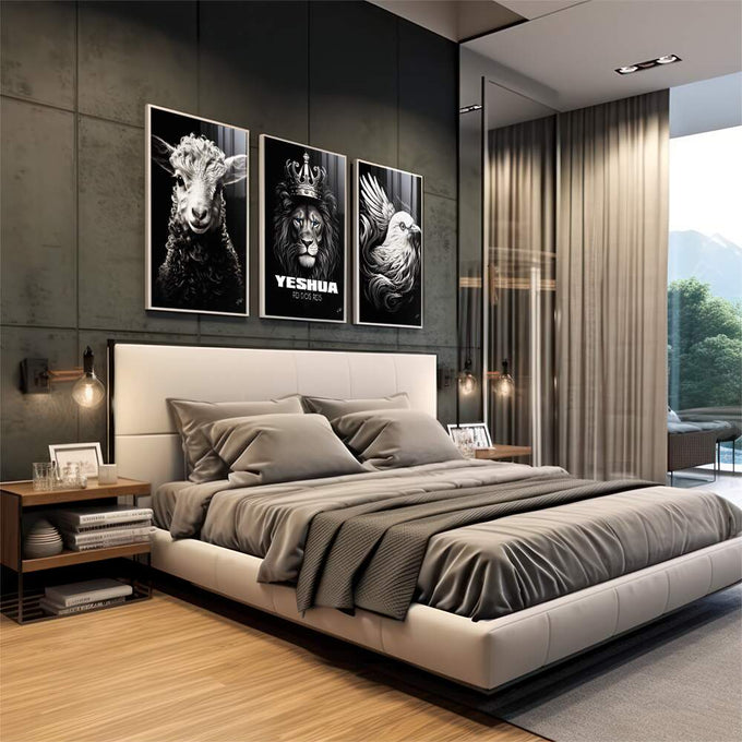 Quadro Decorativo Yeshua: Elegância Minimalista com Cordeiro e Pomba - quadros decorativos para sala 1 Tela Vertical, 3 Telas - em living room premium