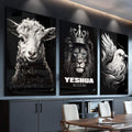 Quadro Decorativo Yeshua: Elegância Minimalista com Cordeiro e Pomba - quadros decorativos para sala 1 Tela Vertical, 3 Telas - em ambiente decorado