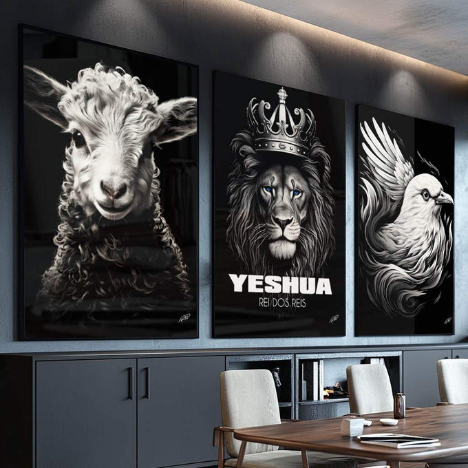 Quadro Decorativo Yeshua: Elegância Minimalista com Cordeiro e Pomba - quadros decorativos para sala 1 Tela Vertical, 3 Telas - em ambiente decorado