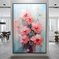 Buquê de flores rosa em pintura com textura de espátula sobre fundo azul claro, quadro decorativo