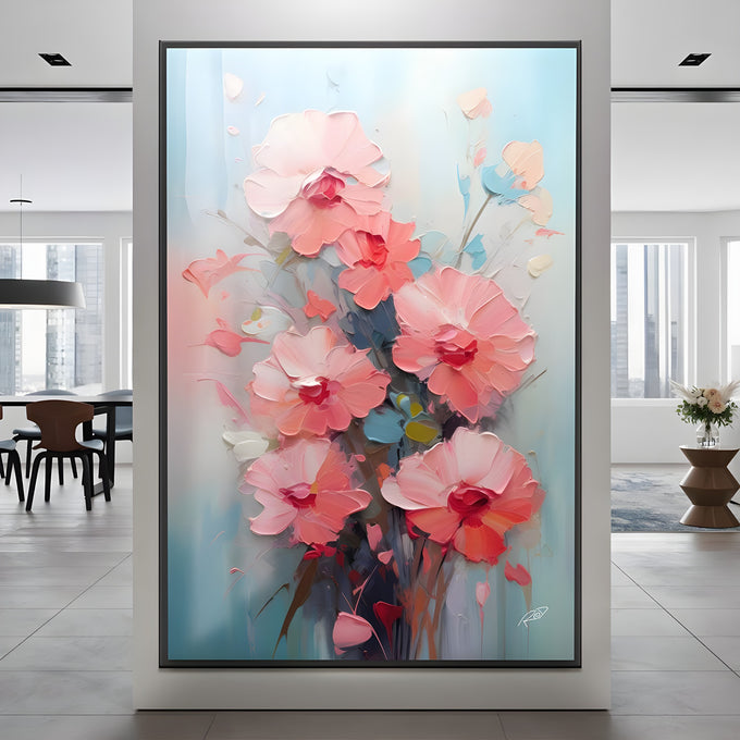 Buquê de flores rosa em pintura com textura de espátula sobre fundo azul claro, quadro decorativo