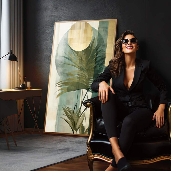 Quadro Minimalista de Folhas Verdes - Elegância e Sustentabilidade - quadros decorativos para sala 1 Tela Vertical, 3 Telas - em living room premium