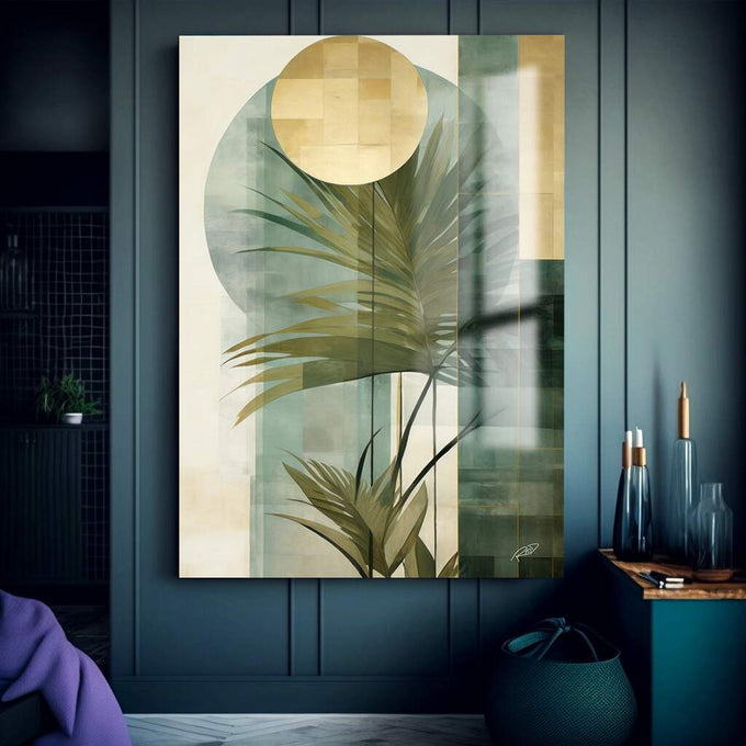 Quadro Minimalista de Folhas Verdes - Elegância e Sustentabilidade - quadros decorativos para sala 1 Tela Vertical, 3 Telas - em ambiente decorado