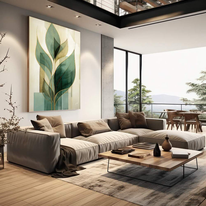 Quadro Decorativo Minimalista Folhas Verdes - quadros decorativos para sala 1 Tela Vertical, 3 Telas - em quarto contemporaneo
