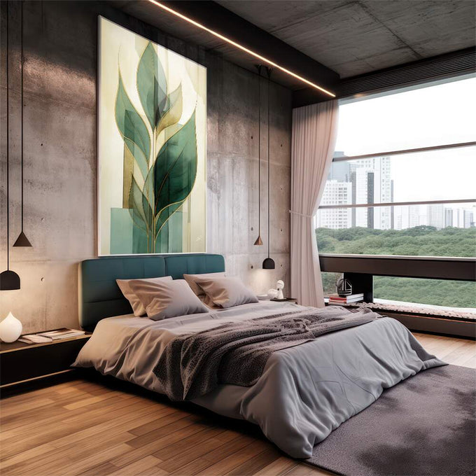 Quadro Decorativo Minimalista Folhas Verdes - quadros decorativos 1 Tela Vertical, 3 Telas - em sala moderna