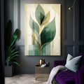 Quadro Decorativo Minimalista Folhas Verdes - quadros decorativos para sala 1 Tela Vertical, 3 Telas - em ambiente decorado