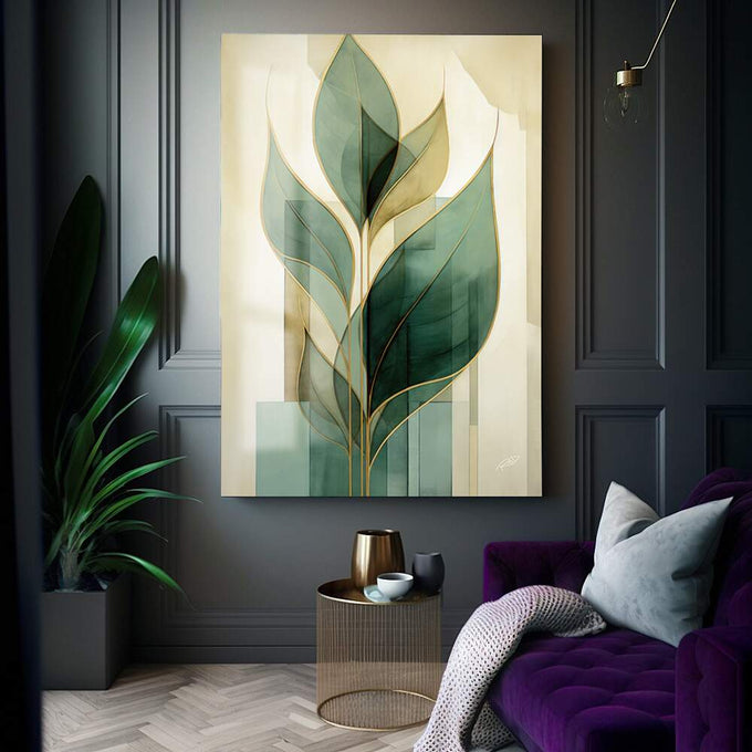 Quadro Decorativo Minimalista Folhas Verdes - quadros decorativos para sala 1 Tela Vertical, 3 Telas - em ambiente decorado