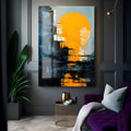 Pintura abstrata expressionista com grande sol amarelo e pinceladas azul-petróleo e preto, quadro decorativo