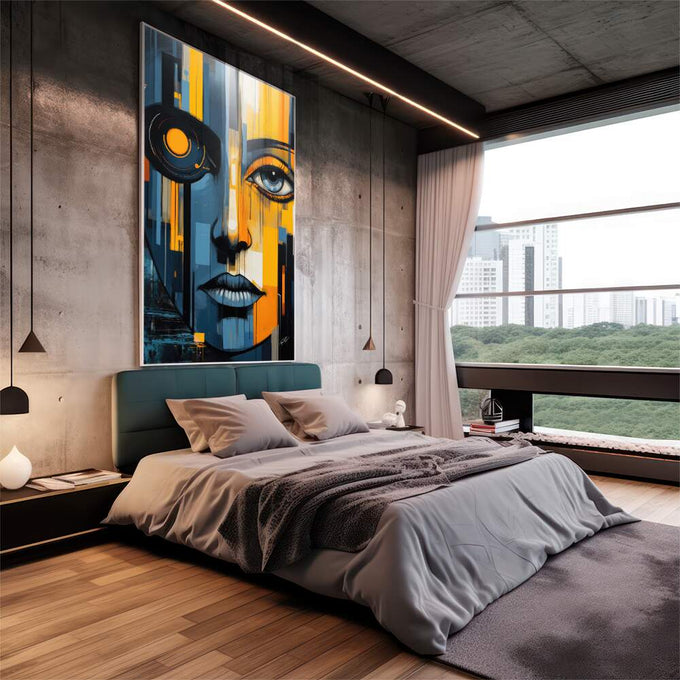 Quadro Decorativo Rosto Artístico - Estilo Contemporâneo para Sua Decoração - quadros decorativos 1 Tela Vertical, 3 Telas - em sala moderna