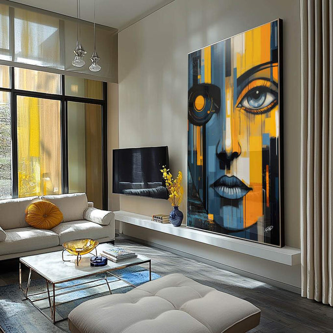 Quadro Decorativo Rosto Artístico - Estilo Contemporâneo para Sua Decoração - quadros decorativos para sala 1 Tela Vertical, 3 Telas - em ambiente decorado