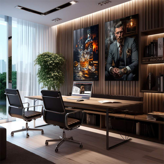 Quadro Decorativo Sofisticado 'Homem e Whisky' - Arte para Elegância do Seu Lar - quadros decorativos para sala 2 Telas, bebida alcoólica - em quarto contemporaneo