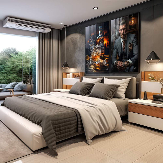 Quadro Decorativo Sofisticado 'Homem e Whisky' - Arte para Elegância do Seu Lar - quadros decorativos 2 Telas, bebida alcoólica - em escritorio elegante