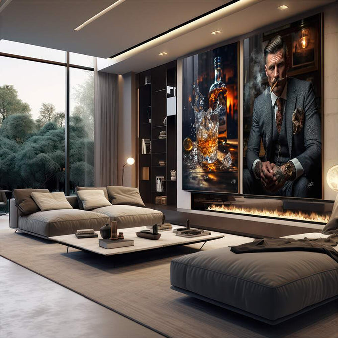 Quadro Decorativo Sofisticado 'Homem e Whisky' - Arte para Elegância do Seu Lar - quadros decorativos para sala 2 Telas, bebida alcoólica - em living room premium