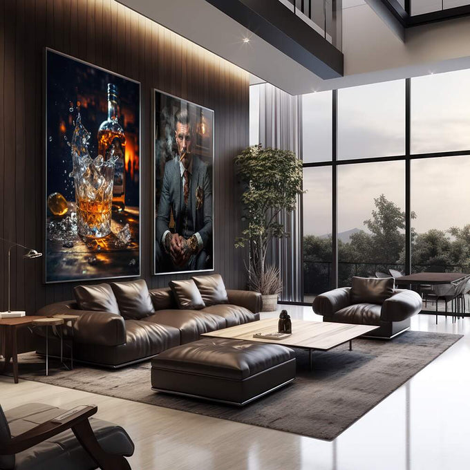 Quadro Decorativo Sofisticado 'Homem e Whisky' - Arte para Elegância do Seu Lar - quadros decorativos 2 Telas, bebida alcoólica - em sala moderna