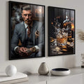 Quadro Decorativo Sofisticado 'Homem e Whisky' - Arte para Elegância do Seu Lar - quadros decorativos para sala 2 Telas, bebida alcoólica - em ambiente decorado