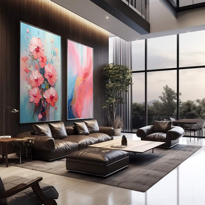 Quadro Decorativo Duo Abstrato Primavera Doce - Estilo e Elegância para Sua Decoração - quadros decorativos 2 Telas, abstrato - em sala moderna