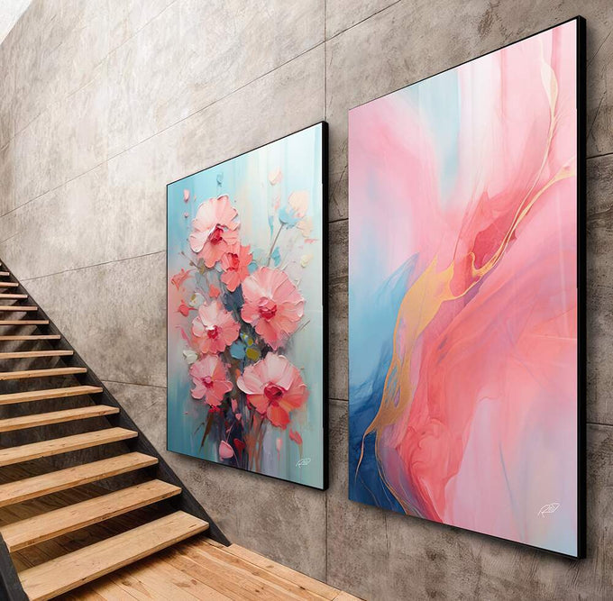 Quadro Decorativo Duo Abstrato Primavera Doce - Estilo e Elegância para Sua Decoração - quadros decorativos para sala 2 Telas, abstrato - em ambiente decorado