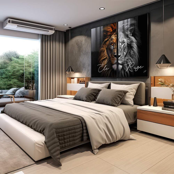 Quadro Decorativo Duo Leão - Elegância Realista para Seu Ambiente - quadros decorativos 2 Telas, arte felina - em escritorio elegante