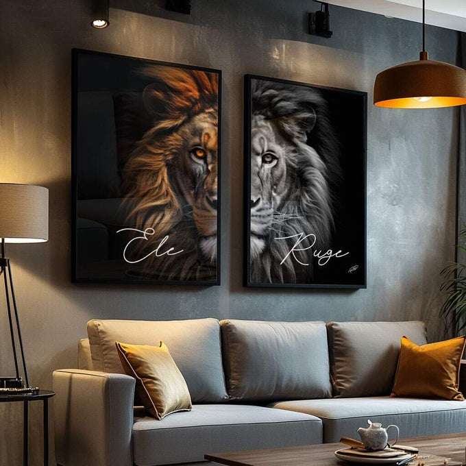 Quadro Decorativo Duo Leão - Elegância Realista para Seu Ambiente - quadros decorativos para sala 2 Telas, arte felina - em ambiente decorado