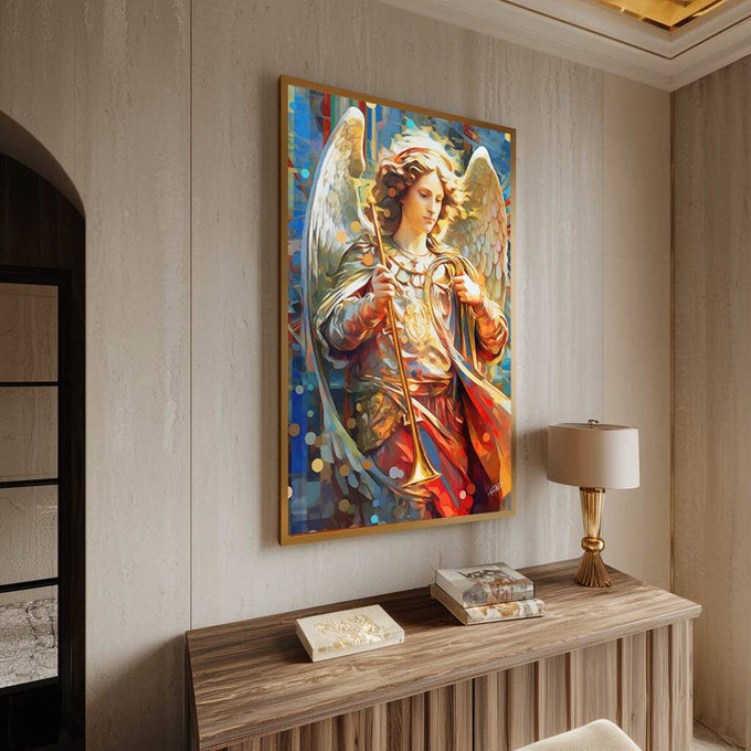 Quadro Decorativo Arcanjo Gabriel - Elegância em Tecido Canvas para a Sua Casa - quadros decorativos para sala 1 Tela Vertical, 3 Telas - em ambiente decorado