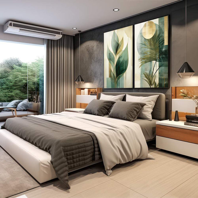 Quadro Decorativo Duo Leaves - Elegância Verde para sua Decoração Moderna - quadros decorativos 2 Telas, Arte Botânica - em sala moderna
