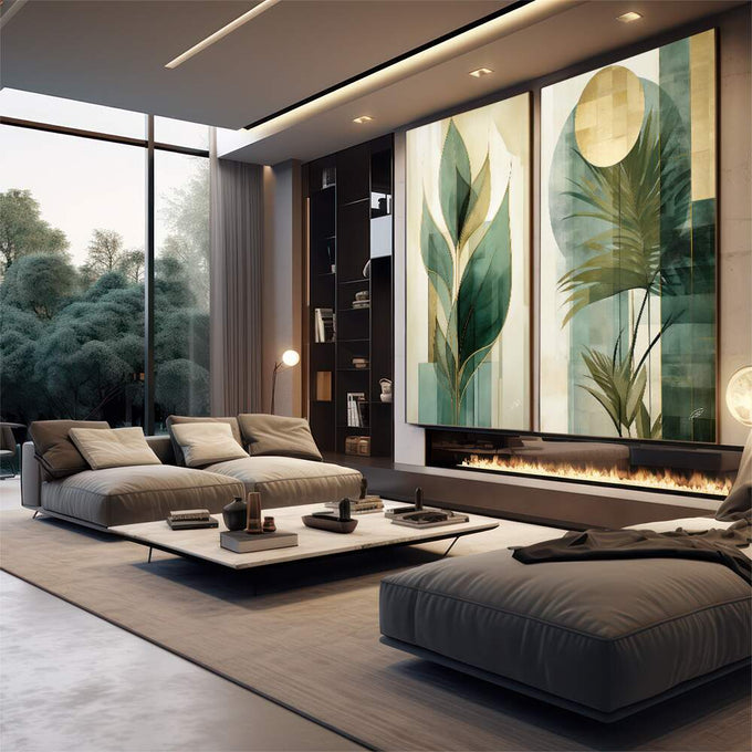 Quadro Decorativo Duo Leaves - Elegância Verde para sua Decoração Moderna - quadros decorativos para sala 2 Telas, Arte Botânica - em quarto contemporaneo