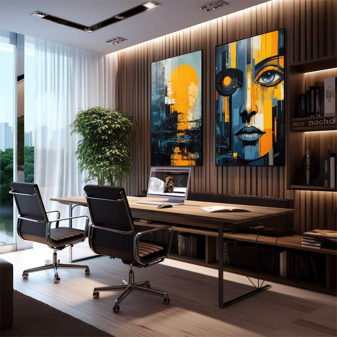 Quadro Decorativo Duo Night - Sofisticação e Estilo em Tecido Canvas - quadros decorativos para sala 2 Telas, aquarela e pincelada - em quarto contemporaneo