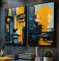 Quadro Decorativo Duo Night - Sofisticação e Estilo em Tecido Canvas - quadros decorativos para sala 2 Telas, aquarela e pincelada - em ambiente decorado