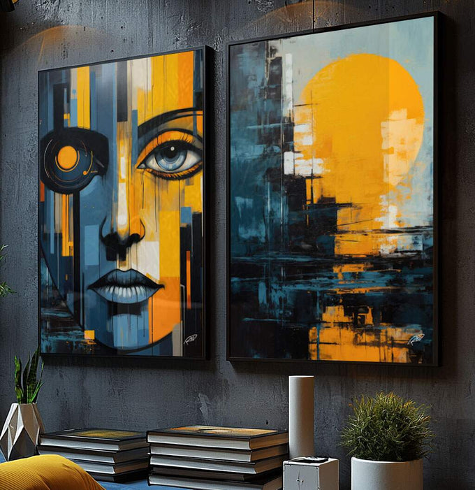 Quadro Decorativo Duo Night - Sofisticação e Estilo em Tecido Canvas - quadros decorativos para sala 2 Telas, aquarela e pincelada - em ambiente decorado
