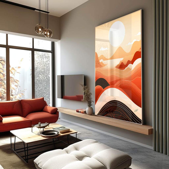 Quadro Decorativo Minimalista e Contemplativo - Serenidade nas Montanhas - quadros decorativos para sala 1 Tela Vertical, 3 Telas - em ambiente decorado