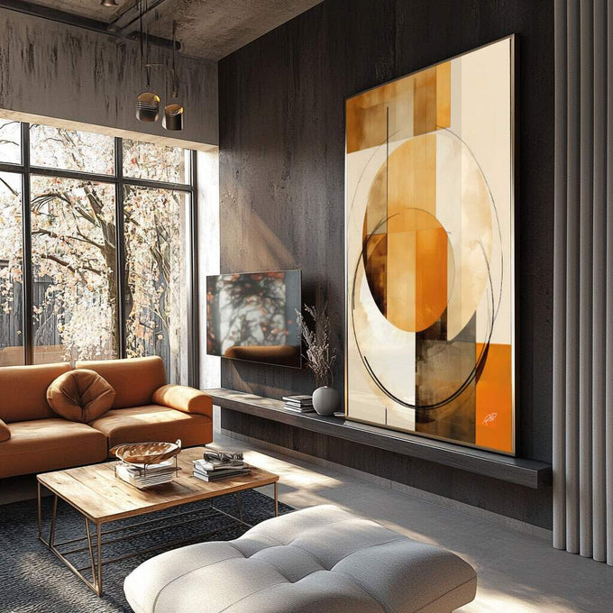 Quadro Decorativo Geométrico Moderno Círculos em Harmonia - quadros decorativos para sala 1 Tela Vertical, 3 Telas - em ambiente decorado