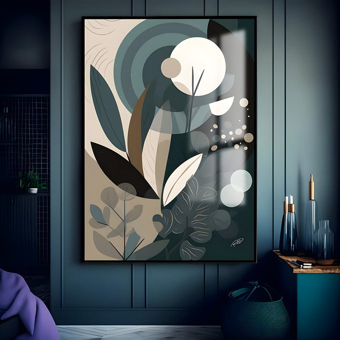 Folhas estilizadas e lua branca em azul petróleo, bege e preto, arte botânica abstrata, quadro decorativo