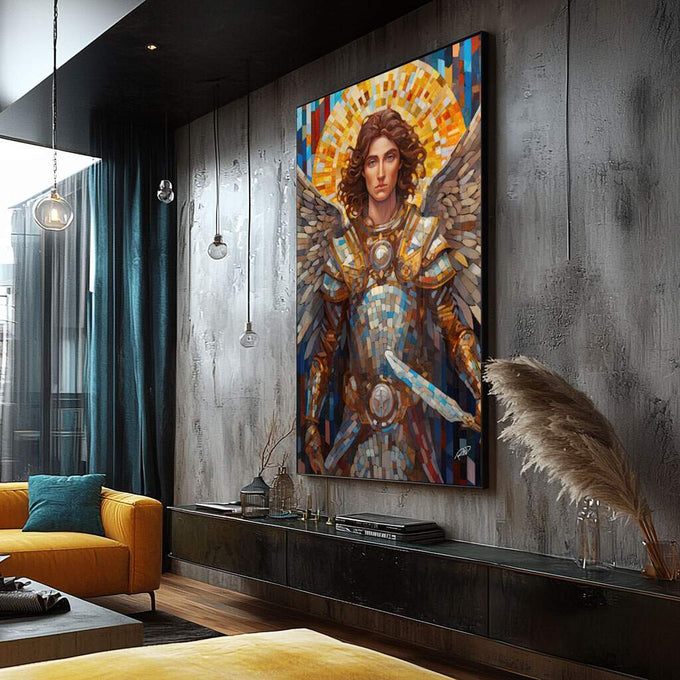 Quadro Decorativo Arcanjo Miguel - Elegância e Estilo para sua Decoração - quadros decorativos para sala 1 Tela Vertical, 3 Telas - em ambiente decorado