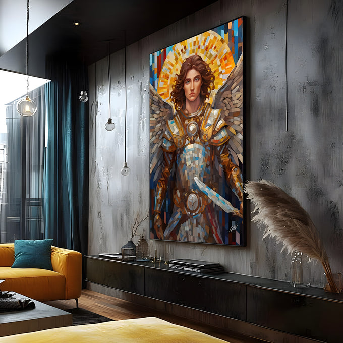 Arcanjo Miguel com auréola dourada, asas, armadura e espada em estilo mosaico colorido, quadro decorativo