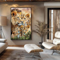 Quadro Decorativo Elegante com Família de Leão - 4 Filhotes em Canvas Premium - quadros decorativos para sala 1 Tela Vertical, 3 Telas - em ambiente decorado