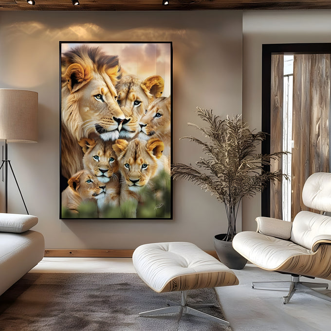 Família de leões com macho, leoa e quatro filhotes de rostos unidos sob céu dourado, quadro decorativo