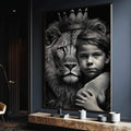 Quadro Decorativo Elegante Leão com Menino - Arte em Canvas Premium - quadros decorativos para sala 1 Tela Vertical, 3 Telas - em ambiente decorado