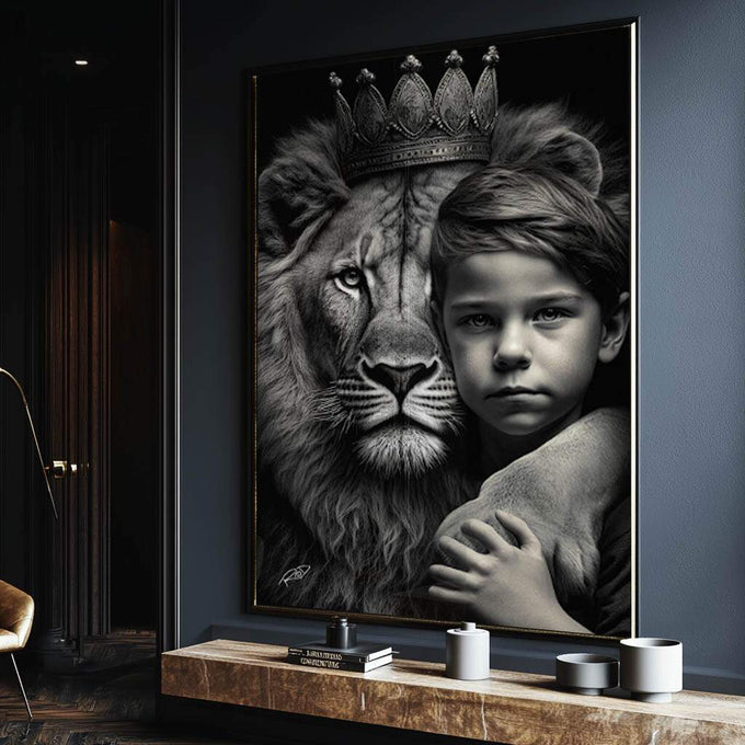 Quadro Decorativo Elegante Leão com Menino - Arte em Canvas Premium - quadros decorativos para sala 1 Tela Vertical, 3 Telas - em ambiente decorado
