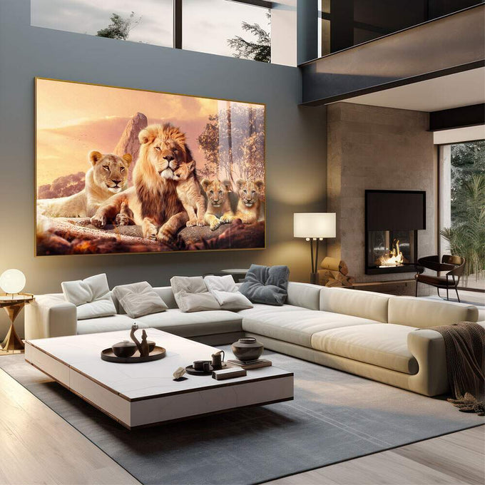 Quadro Decorativo Família de Leões com Filhotes - Elegância e Sofisticação para Sua Decoração - quadros decorativos 1 Tela, 1 Tela Horizontal - em sala moderna