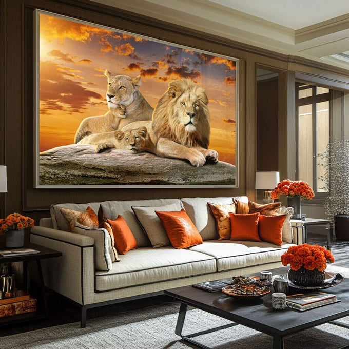 Quadro Decorativo Sofisticado: Família de Leões com Filhotes - quadros decorativos para sala 1 Tela, 1 Tela Horizontal - em ambiente decorado
