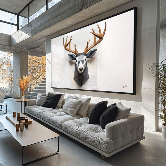 Quadro Decorativo 3D Animais - Cervo Elegante para Decoração Sofisticada - quadros decorativos para sala 1 Tela, 1 Tela Horizontal - em ambiente decorado