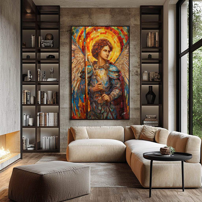 Quadro Decorativo Arcanjo Rafael - Sofisticação e Estilo para sua Casa - quadros decorativos para sala 1 Tela Vertical, 3 Telas - em ambiente decorado