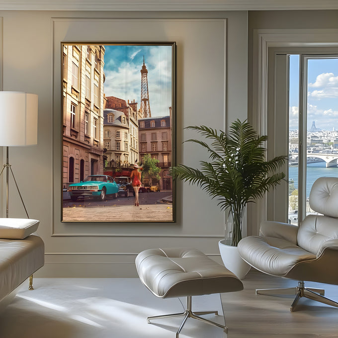Rua de Paris com Torre Eiffel, carro vintage turquesa e mulher de vestido vermelho, quadro decorativo