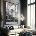 Quadro Decorativo Girl on the Street - Torre Eiffel em P&B - quadros decorativos para sala 1 Tela Vertical, 3 Telas - em ambiente decorado