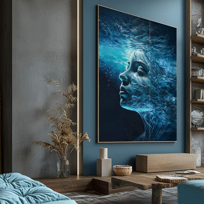 Quadro Decorativo Girl Water - Elegância e Sofisticação para sua Decoração - quadros decorativos para sala 1 Tela Vertical, 3 Telas - em ambiente decorado