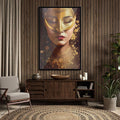 Quadro Decorativo Golden Face - Elegância e Sofisticação para sua Decoração - quadros decorativos para sala 1 Tela Vertical, 3 Telas - em ambiente decorado