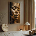 Quadro Decorativo Elegante Golden Face 2 - Arte Moderna para Sua Casa - quadros decorativos para sala 1 Tela Vertical, 3 Telas - em ambiente decorado